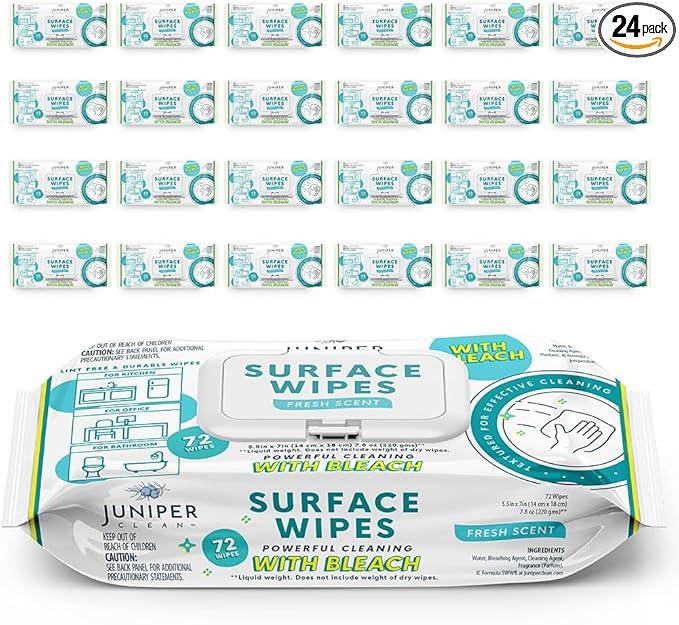 Juniper CLEAN 24 Pack Surface Cleaning Wipes with Bleach, All-Purpose Cleaner for Bathroom, Kitchen, Office, 1728 Count Soft Flow, Fresh Scent, Lint Free & Durable - ModernBath