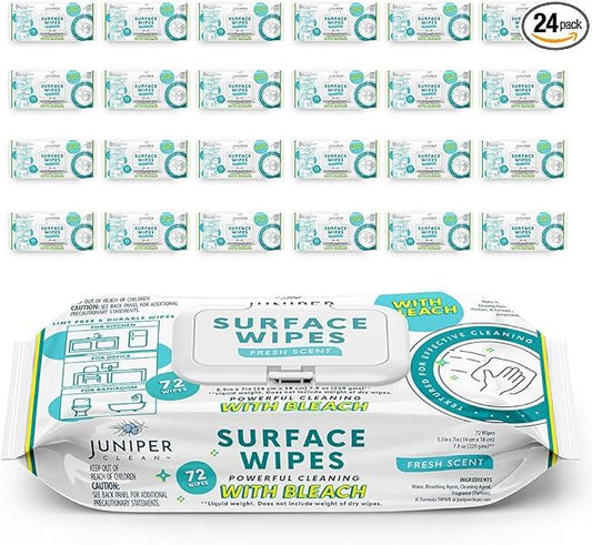Juniper CLEAN 24 Pack Surface Cleaning Wipes with Bleach, All-Purpose Cleaner for Bathroom, Kitchen, Office, 1728 Count Soft Flow, Fresh Scent, Lint Free & Durable - ModernBath