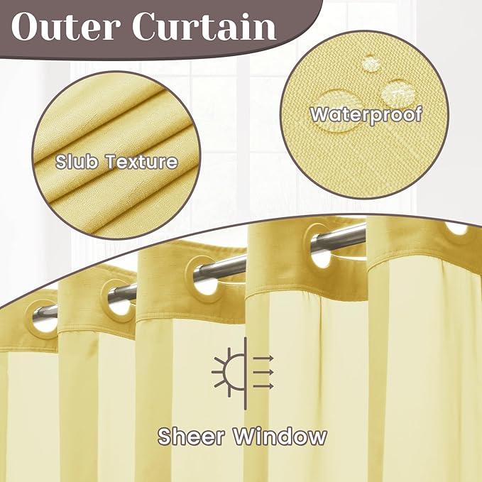 SORTTO No Hook Slub Textured Shower Curtain with Snap in Liner - Yellow Fabric Outer Curtain & Waterproof Inner Liner, Hotel Style with See Through Top Window, 71x74 in - ModernBath