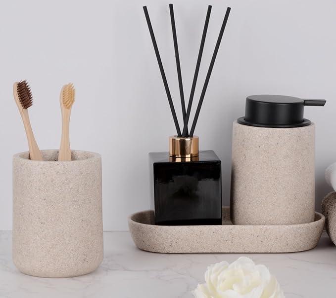 Clasin Home Beige Bathroom Accessories Set, 3 Pcs Resin Bathroom Accessories Complete Set, Sandstone Look Soap Dispenser with Large Pump, Toothbrush Cup, Soap Dish for Modern Home Decor and Kitchen - ModernBath