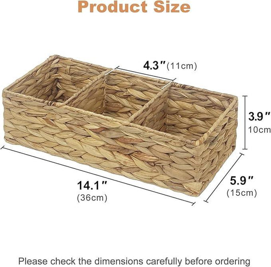 Seagrass Wicker Basket for Toilet Tank Top, 3-Compartment Handwoven Bathroom Organizer for Toilet Paper, Pads, and Accessories (1, Water Hyacinth) - ModernBath