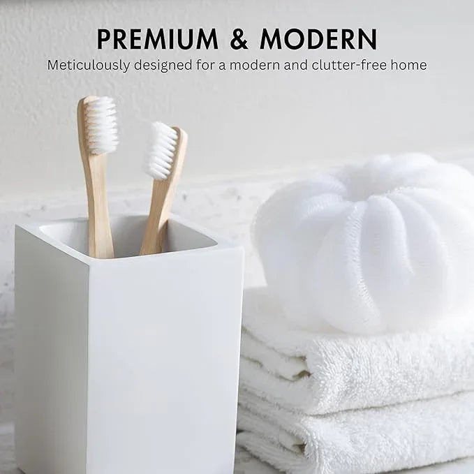 Yew Design Matte White Toothbrush and Toothpaste Holder for Bathroom Vanity and Countertop, Square Organizer for Electric Toothbrushes, Floss, Razors, Cotton, and Mouthwash - ModernBath
