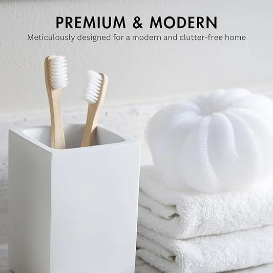 Yew Design Matte White Toothbrush and Toothpaste Holder for Bathroom Vanity and Countertop, Square Organizer for Electric Toothbrushes, Floss, Razors, Cotton, and Mouthwash - ModernBath