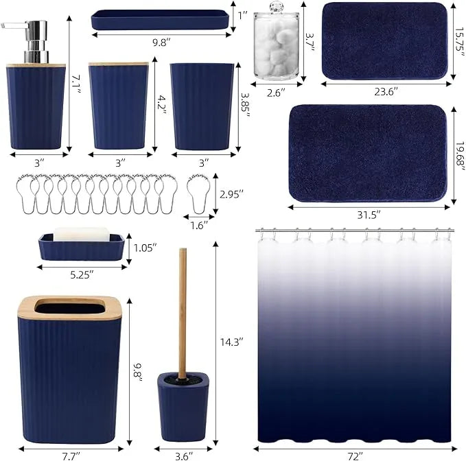 XLHOMO Bathroom Accessory Set–Bathroom Sets with Shower Curtain and Rugs, No Slip Bathroom Rugs Super Absorbent, Blue Ombre Water-Proof Shower Curtain with Hooks, Blue Bathroom Sets Complete for Home - ModernBath