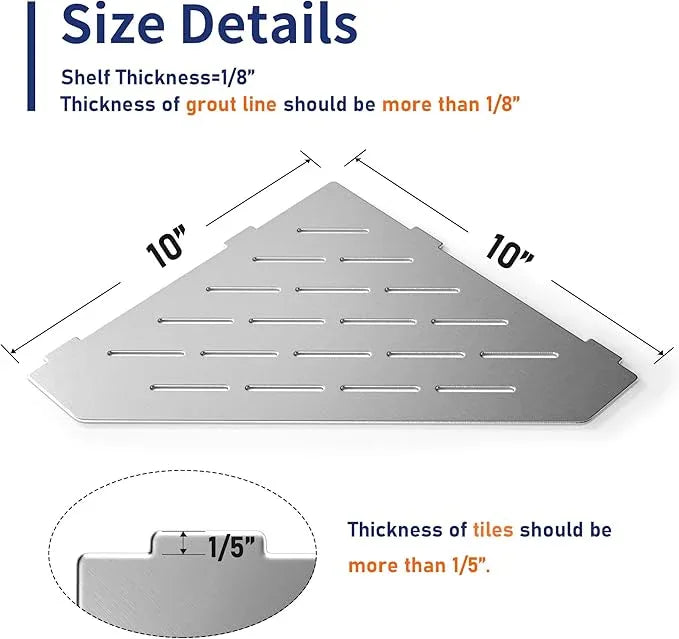 Corner Shower Shelf 10" Brushed 304 Stainless Steel Pentagonal Heavy Duty Floating Corner Shelf Slot Design Recessed Bathroom Shelf for Tiled Wall, No Drilling Needed - ModernBath