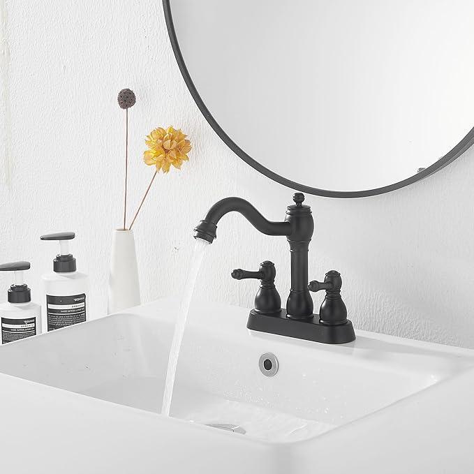 GGStudy Matte Black Bathroom Faucet 2 Handles 4 Inches Centerset RV Black Bathroom Vanity Faucet with Drain Assembly and Supply Hose Lavatory Faucet - ModernBath