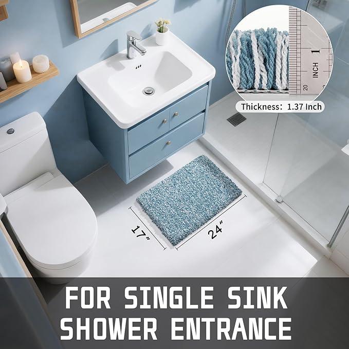 Yimobra Bathroom Rugs Non Slip Washable, Ultra Soft and Water Absorbent Bath Mats, Plush Fluffy Shower Mat Outside, Microfiber Thick Matts for Bathroom Floor/Sink, 24x17, Denim Blue and White - ModernBath