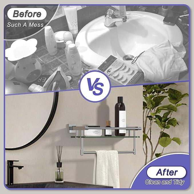 Glass Shelf for Bathroom 16 in Bathroom Shelves with Towel Bar Tempered Glass Shelves with Stainless Steel Towel Holder for Wall (Chrome Polished) - ModernBath