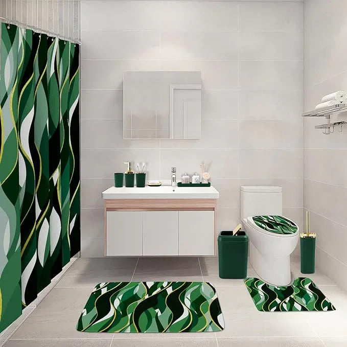XLHOMO Bathroom Set - Green and Gold Bathroom Accessories, Bathroom Sets with Shower Curtain and Rugs, Green Shower Curtain Set with Bathroom Trash Can, Soap Dispenser, Soap Dish for Home Decor - ModernBath