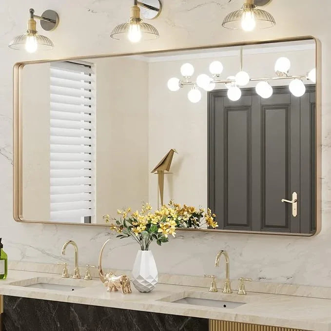 LOAAO 60”X30” Gold Bathroom Mirror, Rounded Rectangle Gold Frame Mirror, Brushed Gold Bathroom Vanity Mirror Wall-Mounted, Anti-Rust, Tempered Glass, Hangs Horizontally or Vertically - ModernBath