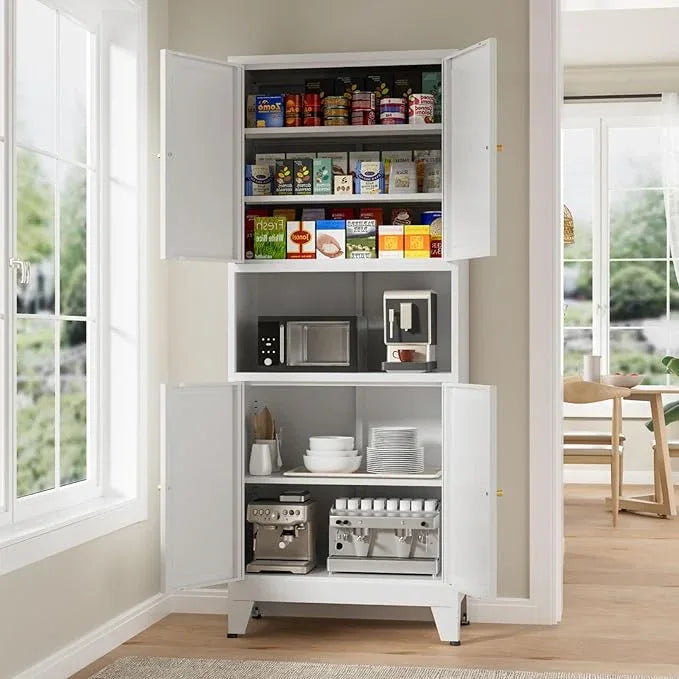 Metal Kitchen Pantry Cabinet, 69" Tall Storage Cabinet with 4 Doors and 3 Adjustable Shelves, Freestanding Cupboards for Dining Room, Living Room, Bathroom (White, 69" H) - ModernBath