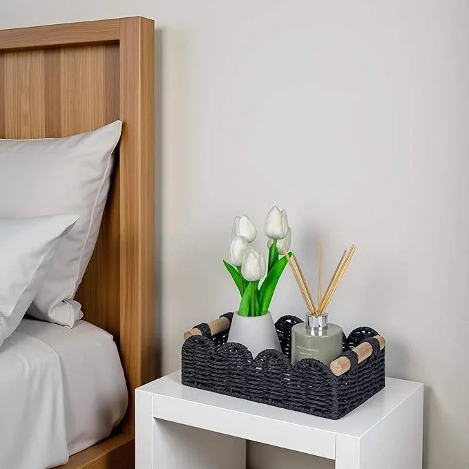 CubesLand Toilet Paper Storage Basket Scalloped Edge Home Decor Basket, Living Room Cozy Decor, Paper Rope Small Baskets for Over Toilet Storage Shelf, End Table, Shelves, with 2 Wooden Handles, Black - ModernBath