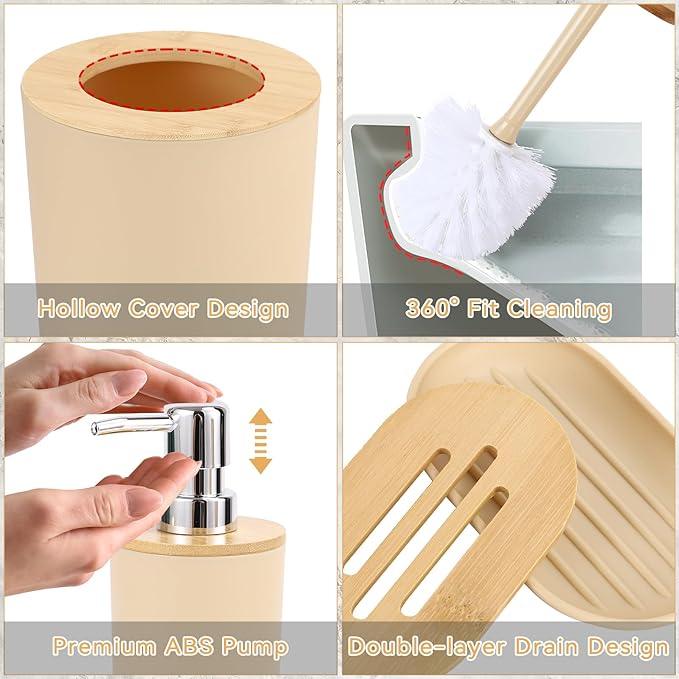 SLDIYWOW Bathroom Accessories, Beige Bathroom Accessories Sets Complete with Trash Can,Tray,Soap Dispenser,Toothbrush Holder,Toothbrush Cup,Soap Dish,Toilet Brush and Q-tip Holders for Bathroom - ModernBath