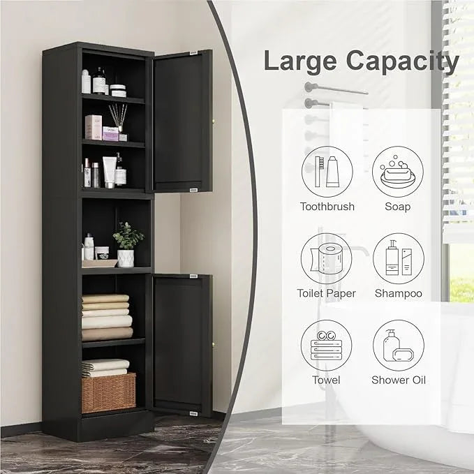 Metal Bathroom Storage Cabinet, 67" Tall Narrow Freestanding Floor Cabinet with Adjustable Shelves and Open Compartment, Slim Metal Locker for Laundry, Kitchen, Dining Room - ModernBath