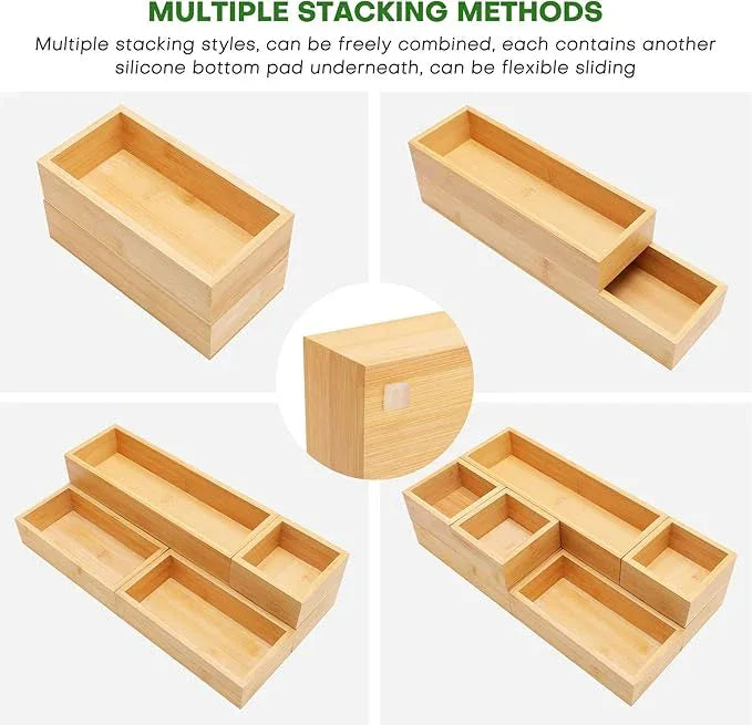 Bamboo Drawer Organizer Set, 9 PCS Multi-Use Individual Wood Storage Organizers, Junk Drawer Divider and Storage Trays Containers for Kitchen, Bathroom, Office Desk, Makeup, Jewelry, Utensils - ModernBath