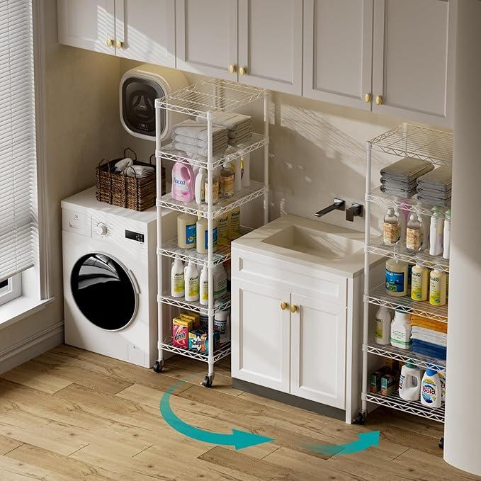 SINGAYE 6 Shelves Storage Shelf Wire Closet Bathroom Organizers Metal Pantry Kitchen Small Garage Shelving Unit Laundry Room Organization Home Narrow Rack Net Basket with Wheels White - ModernBath