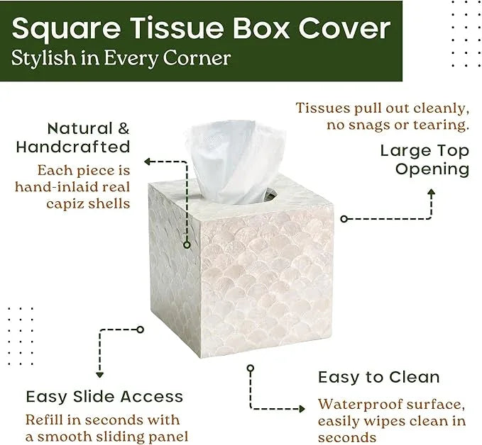 CHI AN HOME 5.8” Capiz Tissue Box Cover, Square Decorative Tissue Holder with Bottom Slider, Handmade Bathroom Accessories, Elegant White Cube for Vanity, Bedroom, Office & Coastal Décor (Natural) - ModernBath