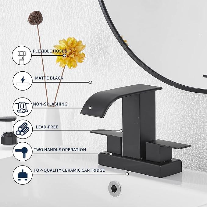 Bathroom Faucet Matte Black Modern GGStudy 2 Handles 4 Inches Centerset RV Black Waterfall Bathroom Vanity Faucet with Drain Assembly - ModernBath