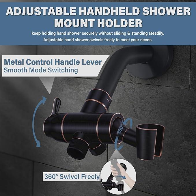 Shower Arm Diverter with Handshower Mount, G1/2 Brass 3 Way Diverter Valve Bathroom Universal Shower System Replacement for Handheld Shower and Fixed Shower Head, Oil Rubbed Bronze - ModernBath