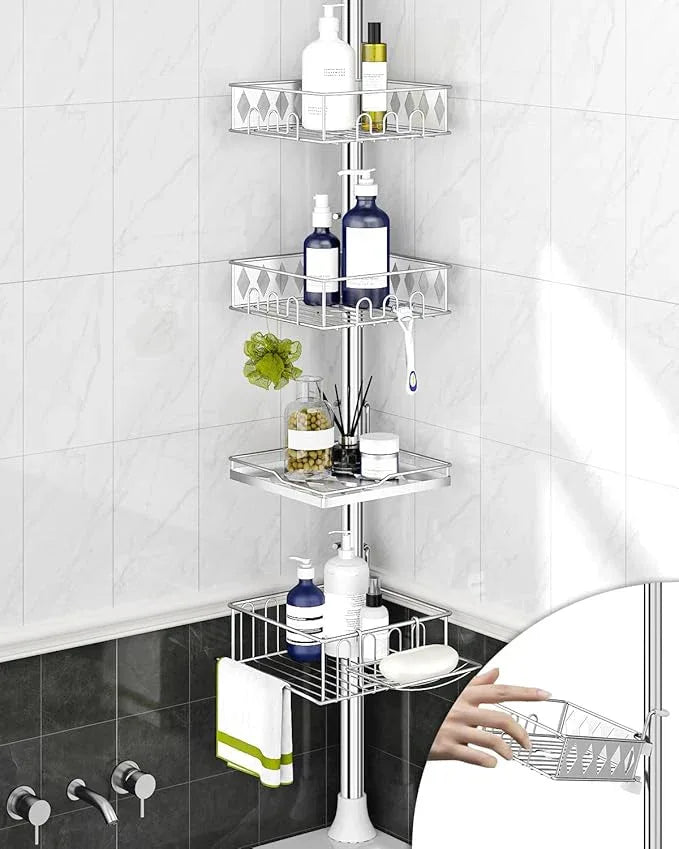 SElRIONE Corner Shower Caddy Tension Pole, Quick Setup, Rust-Free Bathroom Shower Organizer Corner for Bathtub Shampoo Storage, 4-Tier Adjustable Shelf, Drill Free, Fits 34 to 116 Inch Height - ModernBath