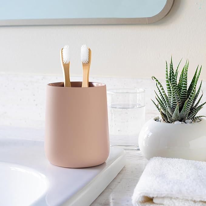Yew Design Matte Dusty Pink/Mauve Toothbrush and Toothpaste Holder and Cup for Bathroom Vanity and Countertop, Round Organizer for Electric Toothbrushes, Floss, Razors, Cotton, and Mouthwash - ModernBath