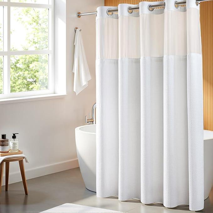 River Dream Extra Long Shower Curtain Set, Cotton Blend, Waffle Weave, with Snap in Replacement Liner, White, 71 x 86 inches - ModernBath