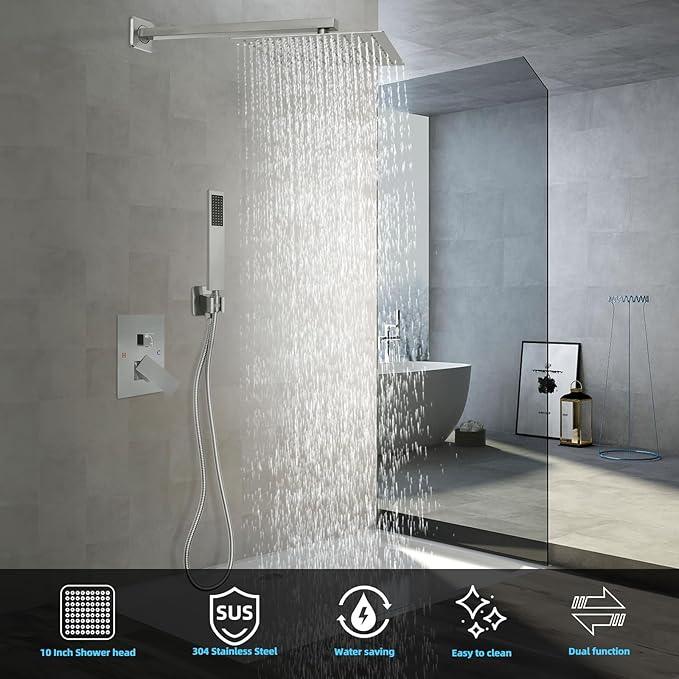 TENIGXT Bathroom Shower Faucet Set，10 Inch Rain Shower Head with Handheld Spray，Brass Shower Valve Trim Kit，Wall Mounted Square Rain Shower System (Brushed Nickel) - ModernBath
