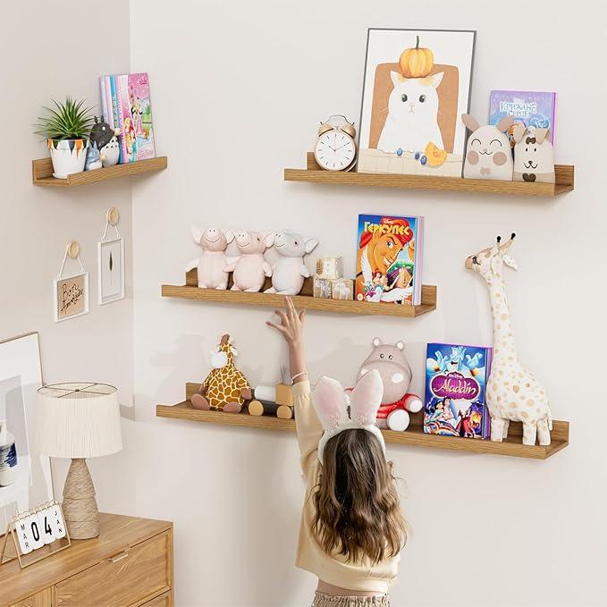 Heimlove Floating Shelves Set of 6, 24" Wall Mounted Picture Ledge, Display Shelf Organizer for Decor Storage, Wall Mounted Shelves for Living Room, Bedroom, Bathroom, Kitchen (Oak) - ModernBath