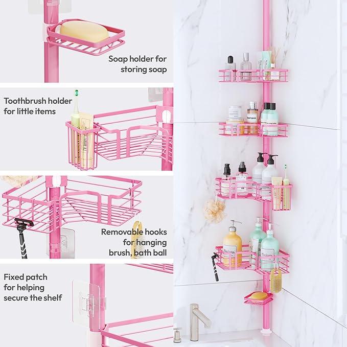 SWTYMIKI Shower Caddy Tension Pole - 4-Tier Corner Shower Organizer Tension Rod with Soap Holder, Toothbrush Holder & 4 Hooks, Adjustable Stainless Steel Bathroom Organizer 27.6 to 108.3 inch, Pink - ModernBath