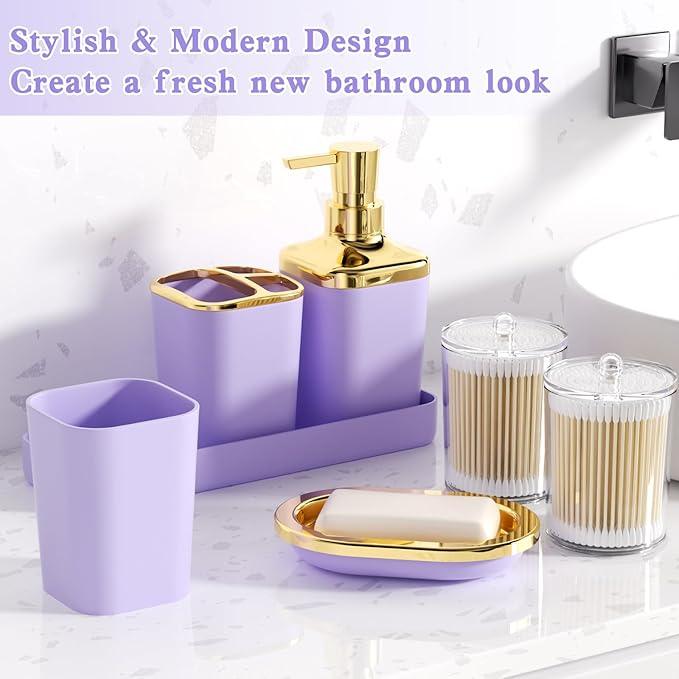 XLHOMO Purple Bathroom Accessories Set, Purple and Gold Bathroom Accessories with Trash Can, Soap Dispenser, Soap Dish, Toothbrush Holder and Q-tip Holders - ModernBath