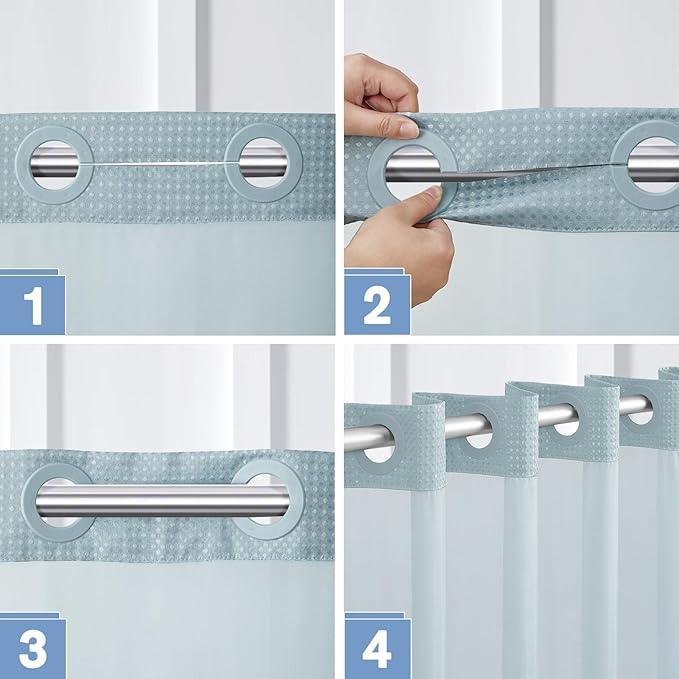 Extra Long Waterproof Bath Curtain 71x84 Fabric,Cloth Shower Liner with 12 Snap Buttons, Magnetic Hem with Fog Blue Waffle Weave Texture,No Hook Hotel Grade Machine Washable Curtain,Top Sheer Window. - ModernBath