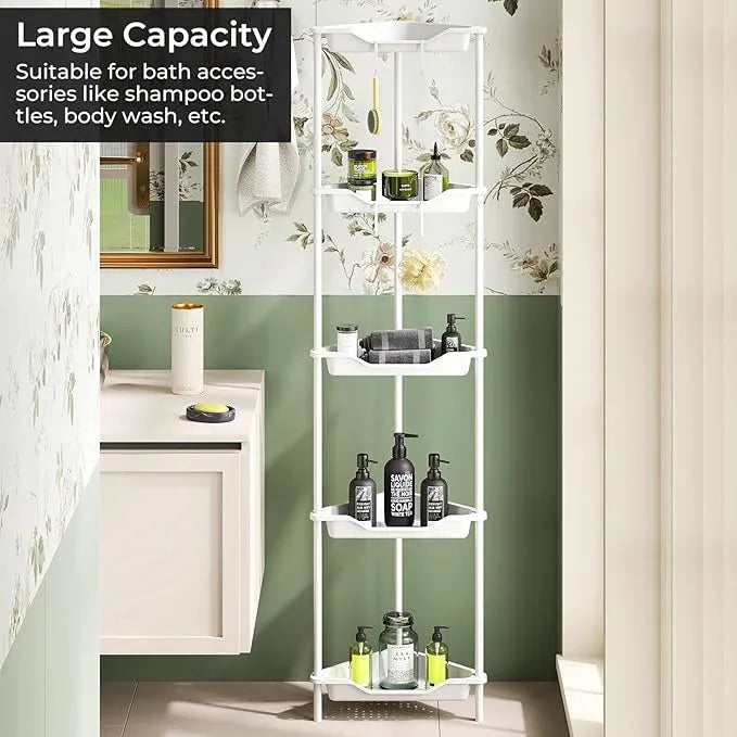 ODesign 5 Tier Floor Standing Corner Shower Caddy Organizer, Plastic Metal Floor Corner Shelf Storage Rack for Bathroom White - Rustproof - ModernBath
