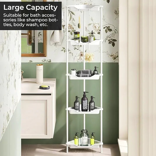 ODesign 5 Tier Floor Standing Corner Shower Caddy Organizer, Plastic Metal Floor Corner Shelf Storage Rack for Bathroom White - Rustproof - ModernBath