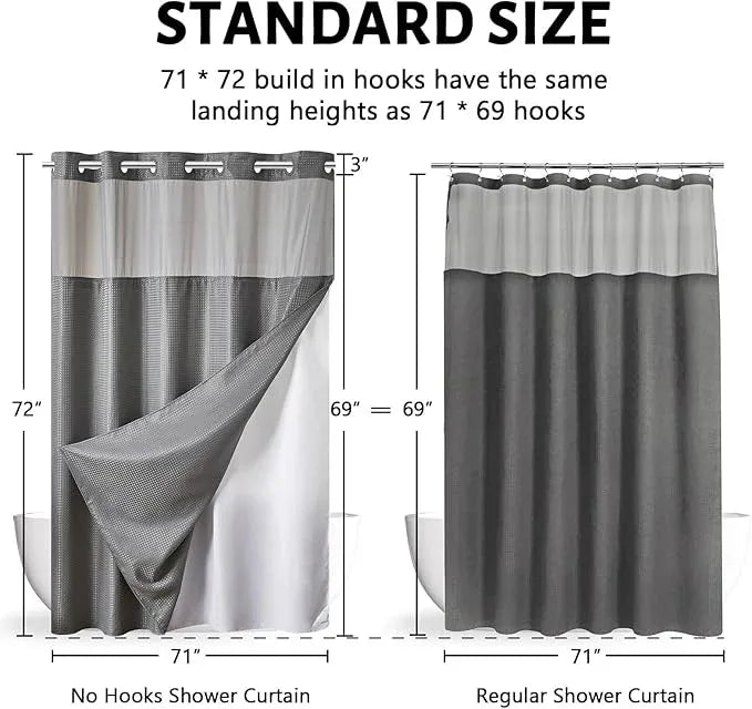 Furlinic No Hook Shower Curtain with Snap in Fabric Liner Set,Waffle Weave Heavy Duty Bathroom Curtain with See Through Window,Waterproof & Machine Washable,Hotel Style,Light Grey,71x72 Inch - ModernBath
