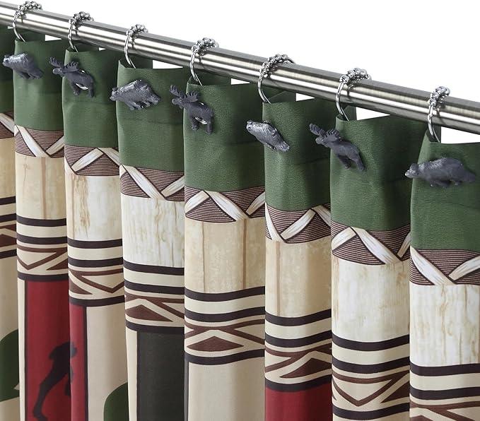 Woodland Black Bear Moose Shower Curtain Hooks, Rustproof Rustic Cabin Shower Hooks for Shower Curtain, 5 Roller Ring Balls Lodge Bathroom Curtain Hooks, Outdoor Decorative Animal Hooks, Set of 12 - ModernBath