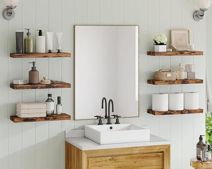 Fixwal 15.8in Floating Shelves, Set of 6 Wood Shelves, Farmhouse Shelf Wall Decor for Bathroom, Bedroom, Living and Kitchen Room (Rustic Brown) - ModernBath