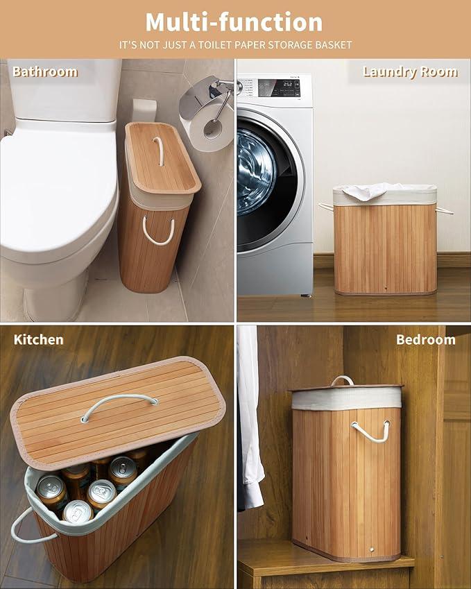 Bamboo Toilet Paper Storage with Lid & Handel, 8 Gallons (30L), Sturdy Toilet Paper Basket, Organizer for Bathroom, Kitchen, Holder with Storage, Natural - ModernBath