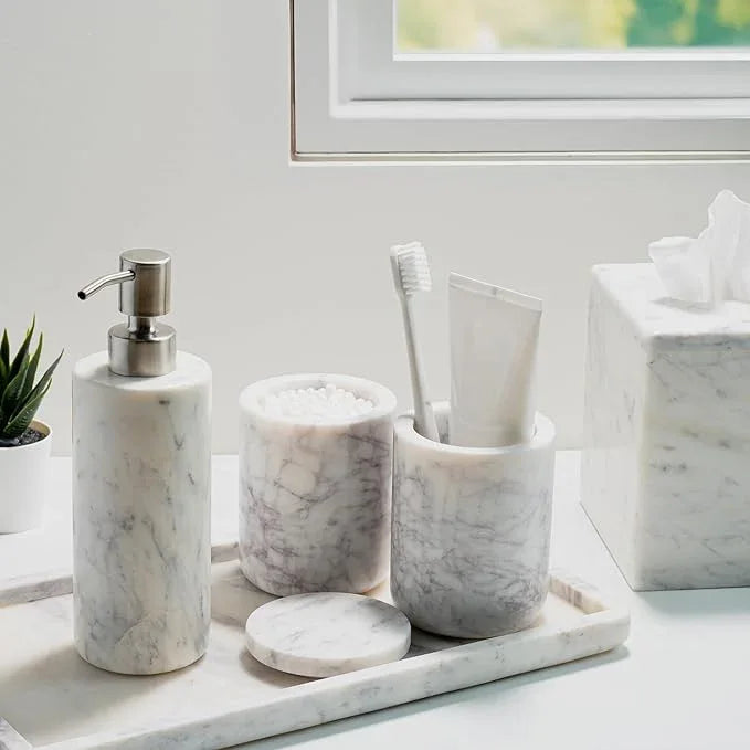 Cork & Mill Marble Toothbrush Holder Cup for Bathroom, Real White Marble Stone Bathroom Accessory, Aesthetic Decorative Countertop Organizer for Tooth Brush & Toothpaste - ModernBath