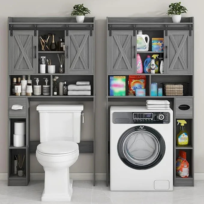 Farmhouse Over The Toilet Storage Cabinet with Sliding Door & Toilet Paper Holder Stand, Space-Saving for Bathroom & Restroom, Wash Grey - ModernBath