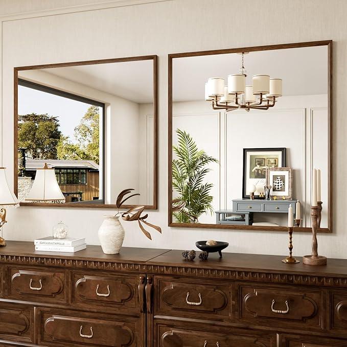 JISOSO 40x36 Inch Rectangle Bathroom Mirror, Walnut Wood Grain Framed, Anti-Rust & 4mm Tempered Glass, Horizontal/Vertical Hanging Vanity Mirror for Bathroom & Bedroom - ModernBath