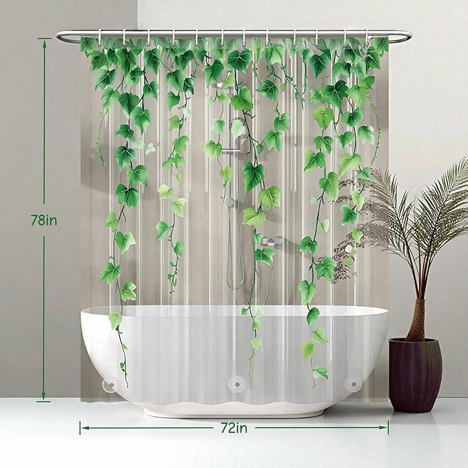 Clear Green Ivy Leaves Shower Curtain Liner, Transparent Plastic Nature Green Botanical Leaf Decorative Waterproof Shower Curtains for Bathroom, 72x78 Weighted Magnetic Shower Curtain Liner with Hooks - ModernBath