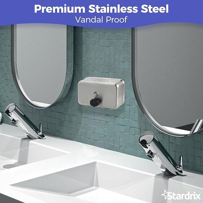 Stardrix Heavy Duty Stainless Steel Wall Mount Soap Dispenser, 1100ml/37oz, with Corrosion Proof Lining and Anti-Leak Pump for Commercial & Home Bathroom Kitchen (Horizontal) - ModernBath