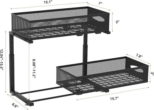 2 Pack Under Sink Organizer,2 Tier Pull Out Sink Shelf,Cabinet Organizer Shelves,Under Sink Shelf,Metal Sliding Drawer Storage for Kitchen Bathroom,Height Adjustable,Black - ModernBath