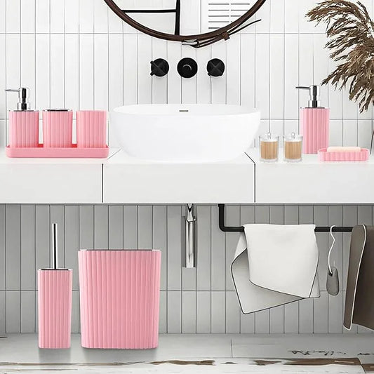 XLHOMO Pink Bathroom Accessories Set - Gorgeous Bathroom Set, 10PC Bathroom Accessory Set, Toilet Brush, Trash Can, Qtip Holder Dispenser & Soap Dispenser - ModernBath