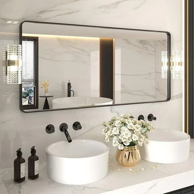 LOAAO 60X28 Inch Black Metal Framed Bathroom Mirror for Wall, Matte Black Bathroom Vanity Mirror Farmhouse, Large Rounded Rectangle Mirror, Anti-Rust, Tempered Glass, Hangs Horizontally or Vertically - ModernBath
