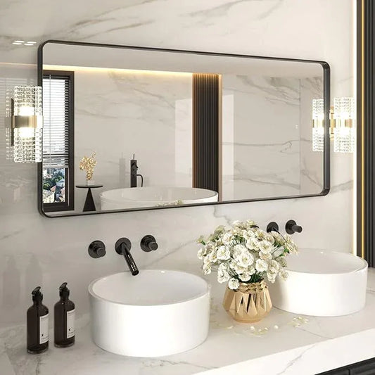 LOAAO 60X28 Inch Black Metal Framed Bathroom Mirror for Wall, Matte Black Bathroom Vanity Mirror Farmhouse, Large Rounded Rectangle Mirror, Anti-Rust, Tempered Glass, Hangs Horizontally or Vertically - ModernBath