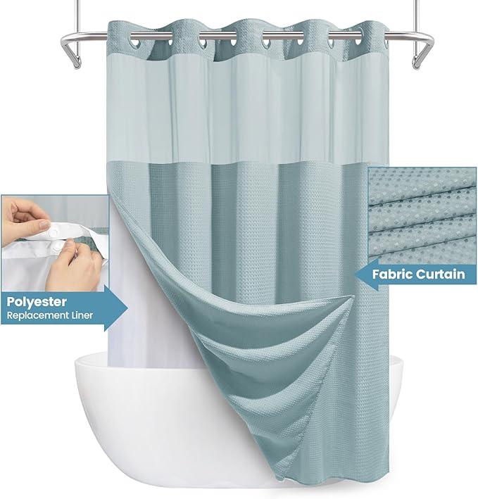 EUTXL Fog Blue Long No Hook Shower Curtain with Snap in Liner,230GSM Waffle Weave Shower Curtains for Bathroom,71W x 86H - ModernBath
