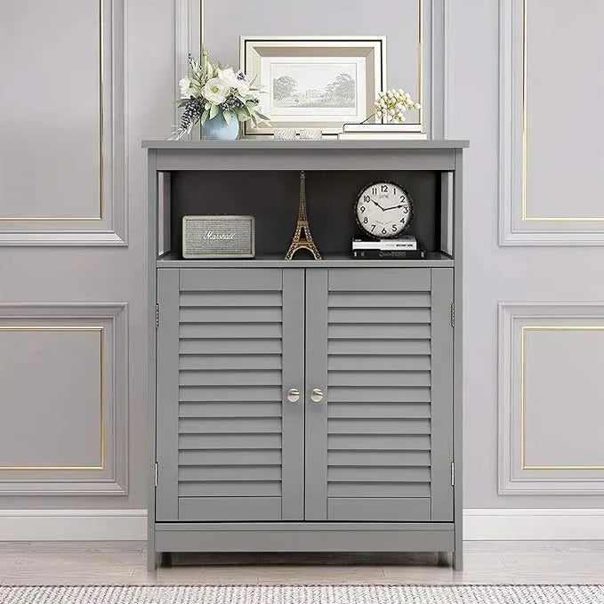Tangkula Bathroom Floor Cabinet, Wooden Freestanding Storage Cabinet with Double Shutter Door & Adjustable Shelf, Storage Cabinet for Bathroom Living Room (Grey) - ModernBath