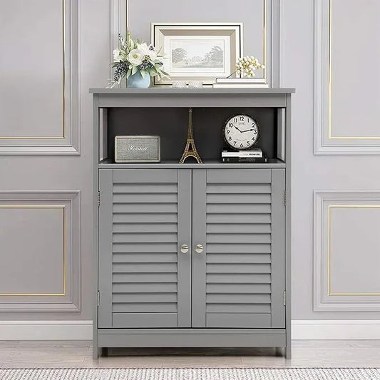 Tangkula Bathroom Floor Cabinet, Wooden Freestanding Storage Cabinet with Double Shutter Door & Adjustable Shelf, Storage Cabinet for Bathroom Living Room (Grey) - ModernBath