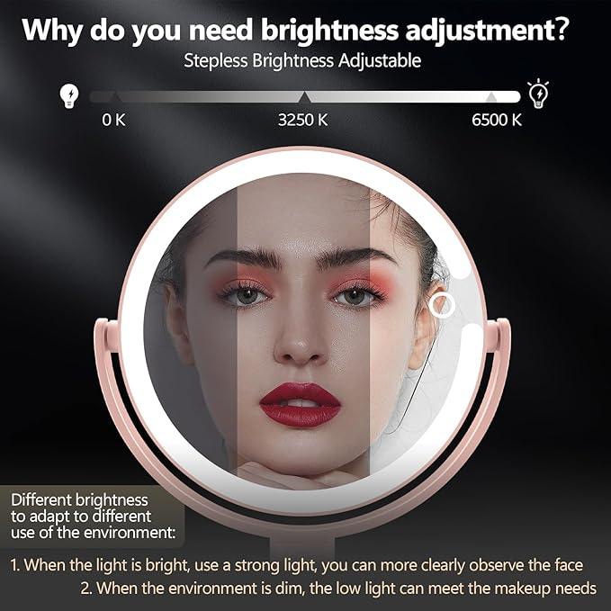 MIYADIVA Makeup Mirror with Lights, 30X Magnifying Mirror with Light and Touch Switch, Vanity Mirror with 3 Color Light and 80 LEDs, Height Adjustable Desk Mirror with Light, Pink - ModernBath